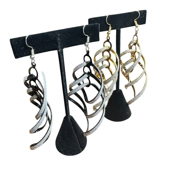 dangle earrings for women 2 pairs black gold tone sparkle 4 inches party - Picture 4 of 16
